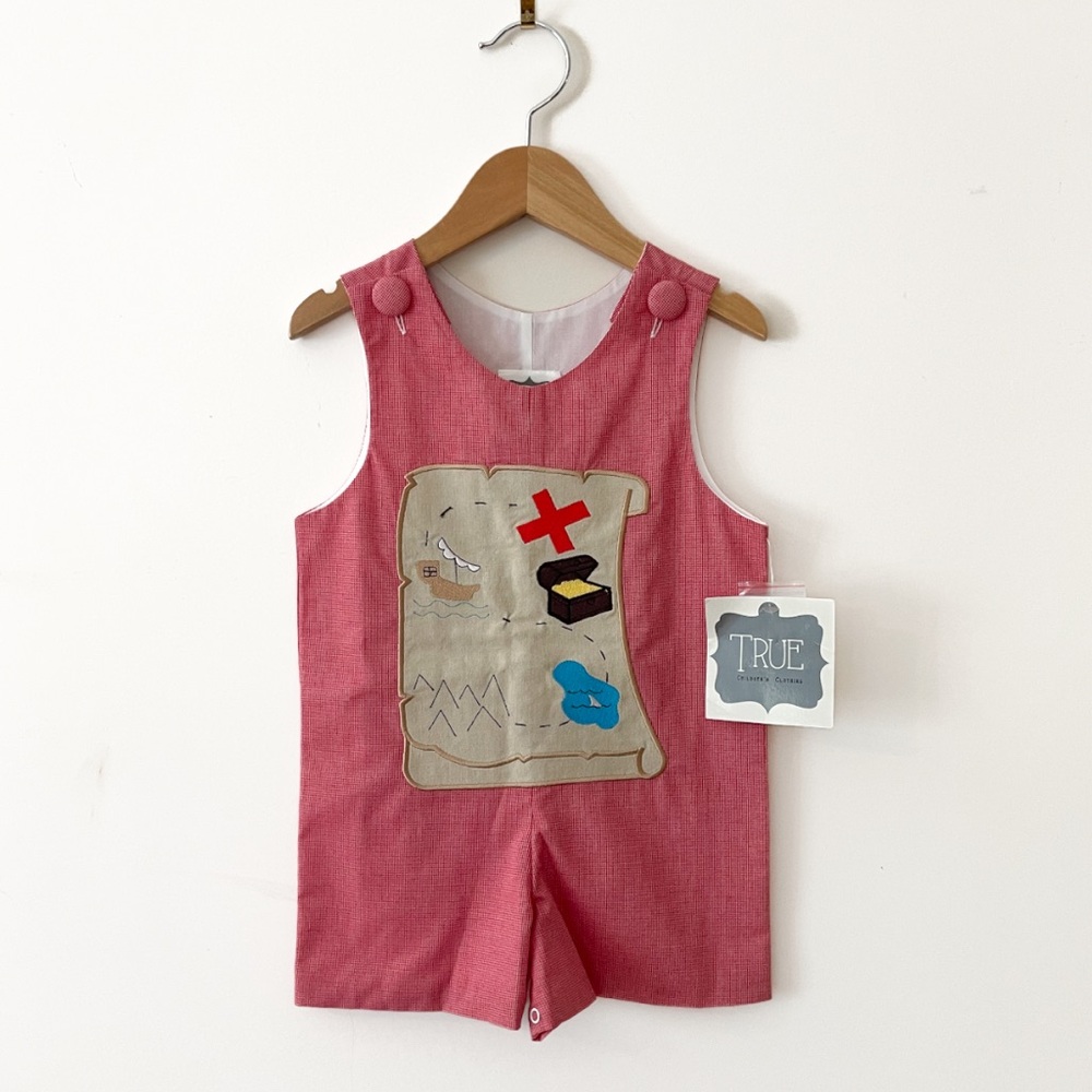 NWT Boys Embroidered Appliqué Treasure Map Gingham Jon Jon